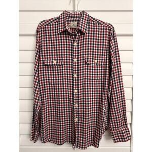 J.Crew Vintage men's red, white, and‎ navy blue plaid cotton flannel workshirt.